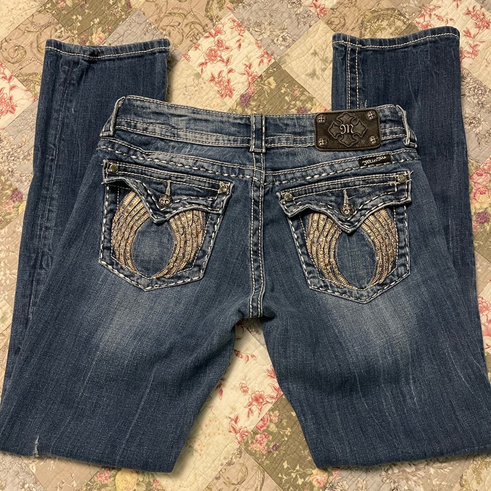 Miss Me Embellished Blue Jeans with Unique Pocket Design.  Size 29 Straight.